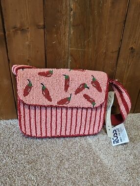 Pink Beaded Chili Pepper Crossbody Bag with Adjustable Strap
